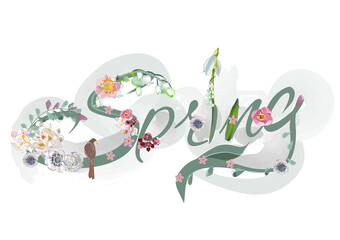 Design of Spring lettering decorated with birds and flowers: snowdrops, lilies, dahlias, anemone. Hand drawn musical vector illustration.