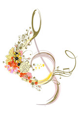 Abstract nature treble clef decorated with summer and spring flowers, notes, birds. Light and relax music. Hand drawn vector illustration.