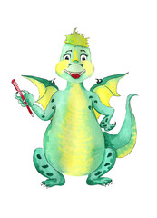 Watercolor cute dragon with a pen in hand isolated on white background.