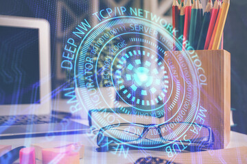 Data tech hologram with glasses on the table background. Concept of technology. Double exposure.