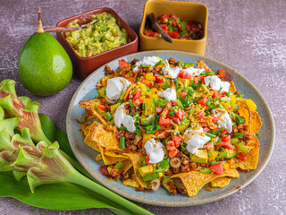 Loaded minced pork nachos with guacamole and salsa dips