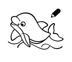 Cute vector black cartoon silhouette contour drawing illustration of a funny smiling baby Dolphin fish floating in the waves of sea water. Children's coloring book.Coloring pages for kids.