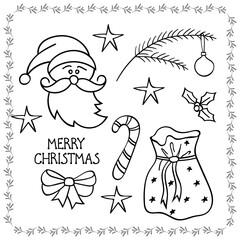 Big set of Christmas and winter elements in doodle style: santa, bag with gifts, caramel. Vector illustration Isolated on a white background. New Year design for  card,stickers, coloring book.