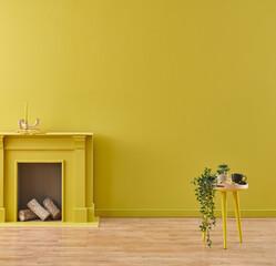 Decorative coffee table concept in the yellow room and fireplace style.