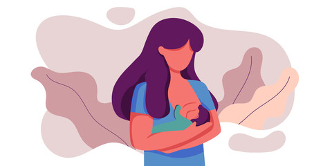 woman breastfeeding her newborn baby holding in hands around floral leaves. Lactation. Breast feeding week, happy mother day clip art. Child drinks milk from the female breast.