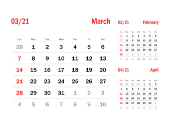 Calendar Grid Set. MARCH PAGE. 12 Months 2021  Quarterly Calendar English 
