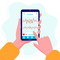 ECG application with heartbeat line. Mobile computer with heart diagnostic on display. Healthcare interface for emergency.