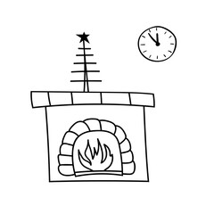 A burning fireplace with a decorative Christmas tree.Vector illustration in cartoon style on a white background.Elements for winter design, greeting card.