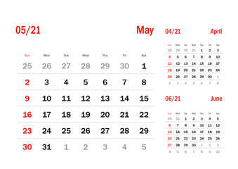 Calendar Grid Set. MAY PAGE. 12 Months 2021  Quarterly Calendar English 