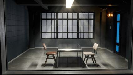 Modern interrogation room seen through a security glass window 3d illustration - obrazy, fototapety, plakaty