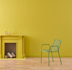 Decorative chair concept in the yellow room and fireplace style.
