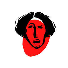 Portrait of a suffering woman in linocut style.Black and red illustration.