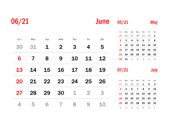 Calendar Grid Set. JUNE PAGE. 12 Months 2021  Quarterly Calendar English 