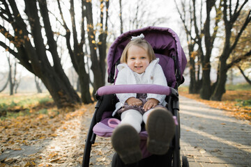 Funny cute little beautiful baby girl, wearing stylish casual warm clothes, sitting in the pink pram or stroller on sunny autumn day, smiling at camera. Yellow fall trees in the park on the background
