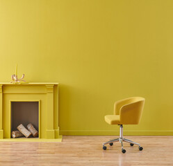 Decorative chair concept in the yellow room and fireplace style.