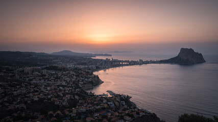 Top view of Calpe city skyline at sunrise, Alicante, Spain