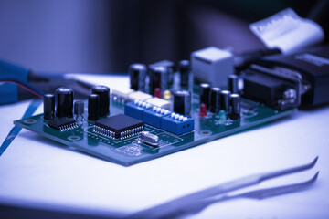 Fototapeta na wymiar Electronic circuit board close up. Electronic computer technology.