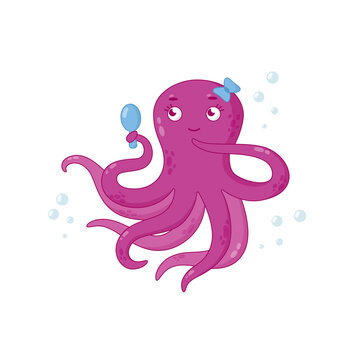 Octopus looks in the mirror. Vector illustration in cartoon style.