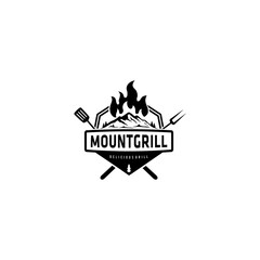 Illustration Vintage mountain Grill Barbeque  bbq with crossed fork and fire flame Logo design.