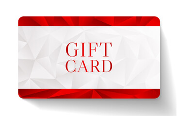 Gift card with abstract white polygon background (triangle shape texture) and red geometric poly pattern frame. Design template useful for business card, promotion, shopping card (loyalty card)
