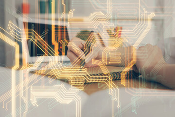 Tech theme hologram over woman's hands taking notes background. Concept of hightech. Double exposure