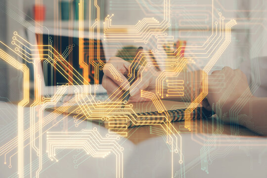 Tech theme hologram over woman's hands taking notes background. Concept of hightech. Double exposure