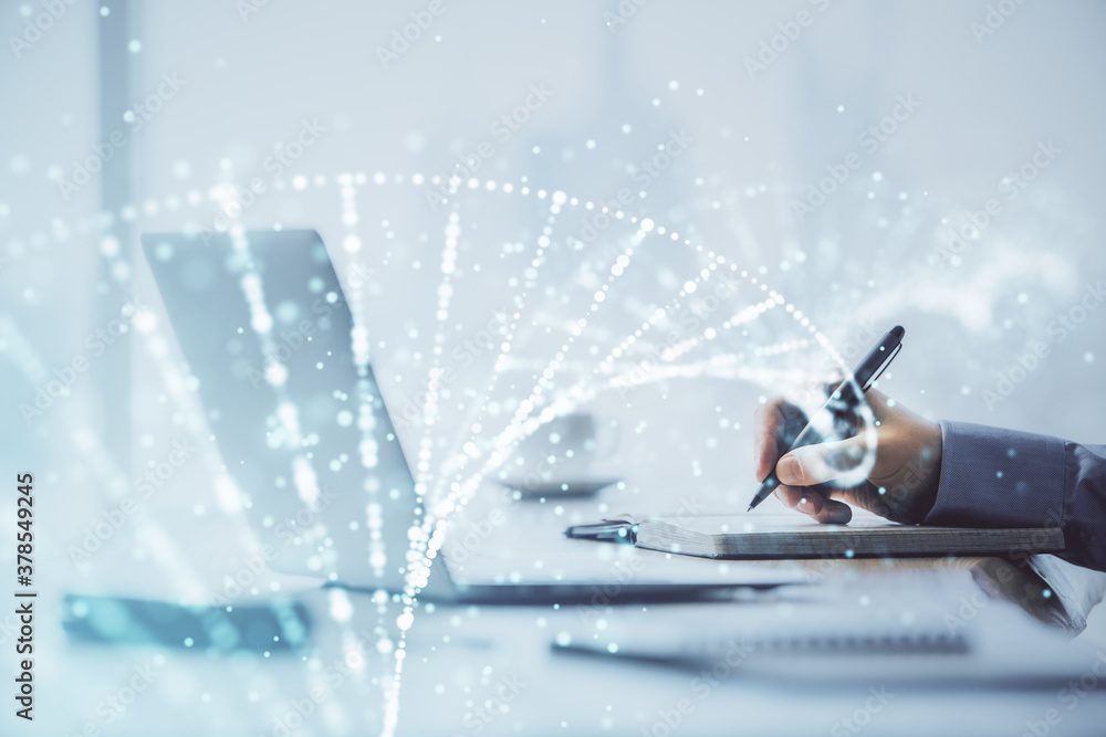 Poster dna hologram with businessman working on computer on background. concept of bioengineering. double e