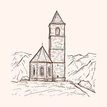 Sketch hand drawn vector illustration with church on the mountain. Vintage design. South Tyrol, Italy, Europe