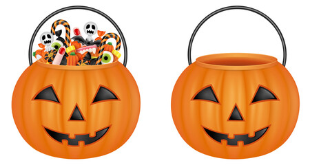 isolated pumpkin buckets. empty bucket and bucket with halloween candies