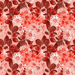 Autumn plants, camomoile and plums, seamless pattern.