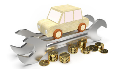 The car wood toy and wrench  gold coins on white background 3d rendering.