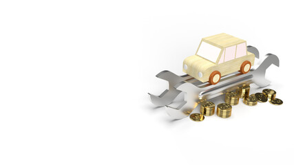 The car wood toy and wrench  gold coins on white background 3d rendering.