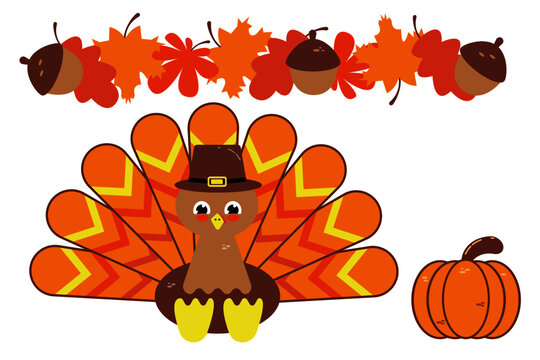 Thanksgiving elements with turkey, pumpkin and autumn leaves