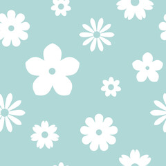 Seamless flower pattern. Powder blue background with white blossoms .