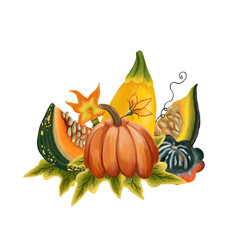 Composition of pumpkins and leaves on an isolated white background. Digital art, oil imitation. Autumn harvest, vegetable, halloween. Clipart. Stock illustration.