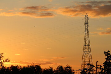 노을, 석양, 하늘, 송전탑, 타워, 구름, 비행기,  sunset, sky, tower, cloud, airplane