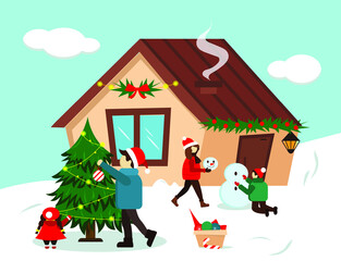 Vector illustration Happy holidays with house, christmas tree, characters, 
garland. People and children are 
sculpt a snowman and decorate a Christmas tree. Family winter fun. Greeting card
