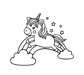 Cute vector black cartoon silhouette outline drawing illustration of funny baby pony horse unicorn running on rainbow with clouds and stars isolated on white background.Children's coloring book.