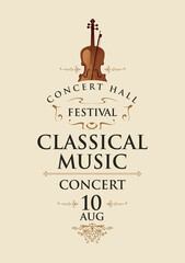 Vector poster for a classical music concert or festival with a violin and bow in retro style on a light background © paseven