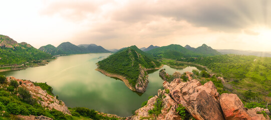 Panoramic view of Badi sagar lake an artificial fresh water lake, Udaipur, Rajasthan, India