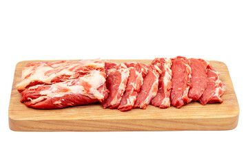 Fresh raw  beef steak on a wooden cutting board close-up isolated on a white background.