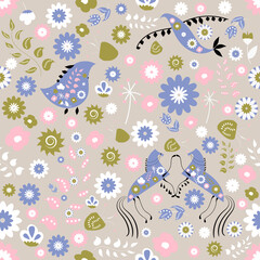 Seamless folk pattern with flowers and animals, vector illustration
