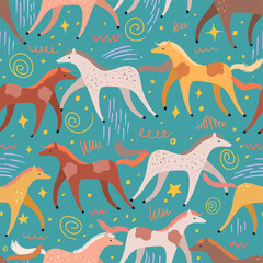 Abstract running horses flat hand drawn vector seamless pattern. Colorful wallpaper in scandinavian style. Animals sketches background for child design, prints, wrapping, textile, fabric, decor, card.
