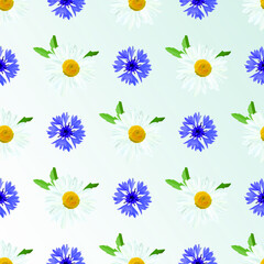 Blue cornflower and white Daisy flower on light gray gradient background, geometric pattern, seamless texture, vector.