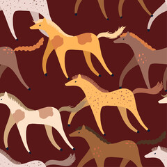 Abstract running horses flat hand drawn vector seamless pattern. Colorful wallpaper in scandinavian style. Animals sketches background for child design, prints, wrapping, textile, fabric, decor, card.