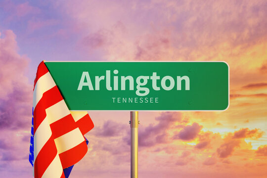 Arlington - Tennessee/USA. Road Or City Sign. Flag Of The United States. Sunset Sky.