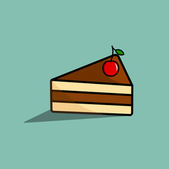 Cute chocolate layer cake topped with red cherry on turquoise background in retro style. Pastry baking holiday birthday treat concept. Icon sticker