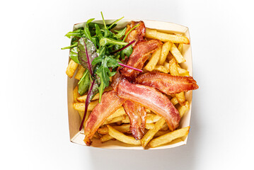 french fries with bacon and salad