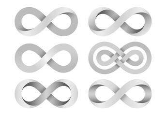 Set of Infinity signs made of different types of torsion and intersection. 3d isolated illustration.