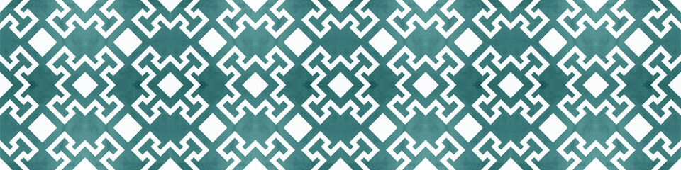 Old geometric turquoise white vintage shabby patchwork mosaic tiles stone concrete cement wall texture background banner, with diamond rue lozenge square print